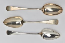 THREE SILVER TABLESPOONS, the first an old English pattern, 'J R' monogram engraving, hallmarked '