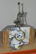 A FRENCH ART DECO MARBLE CLOCK, a large grey and beige coloured marble case, circular face, a