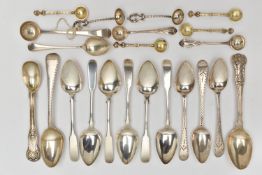 A SELECTION OF ASSORTED TEASPOONS, to include a set of six fiddle pattern spoons, hallmarked 'John