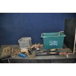 TWO BOXES AND A TIN CONTAINING TOOLS including a Bedford 24 Stilson, Record Bolt Croppers, a Stanley