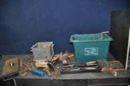 TWO BOXES AND A TIN CONTAINING TOOLS including a Bedford 24 Stilson, Record Bolt Croppers, a Stanley