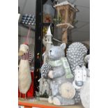 A GROUP OF LARGE CHRISTMAS DECORATIONS, to include light up snowman and squirrel, two standing teddy