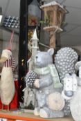 A GROUP OF LARGE CHRISTMAS DECORATIONS, to include light up snowman and squirrel, two standing teddy