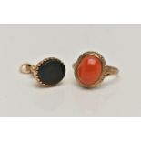 A 9CT GOLD CABOCHON RING AND FOB SEAL, the ring set with an oval carnelian cabochon collet set