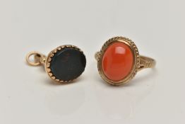 A 9CT GOLD CABOCHON RING AND FOB SEAL, the ring set with an oval carnelian cabochon collet set
