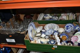 THREE BOXES OF CERAMICS AND GLASSWARE, to include a Machlin Ware lidded pot with an inner glass