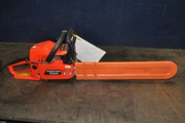 AN UNBRANDED PETROL CHAINSAW with guard covering a 21in blade (engine pulls freely but hasn’t