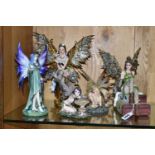 FIVE NEMESIS NOW RESIN FIGURES, of fairies in woodland settings, with a crystal ball, and with