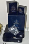 FIVE ASSORTED EMPTY ROYAL CROWN DERBY ENGLISH BONE CHINA BOXES, together with a silver Royal Crown