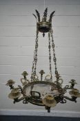 AN EARLY 19TH CENTURY FRENCH BRASS HANGING CENTRE LIGHT, with eight branches, drop height 77cm x