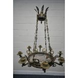 AN EARLY 19TH CENTURY FRENCH BRASS HANGING CENTRE LIGHT, with eight branches, drop height 77cm x