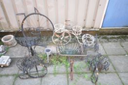 A SELECTION OF WIRE METAL GARDEN ITEMS, to include penny farthing planter, five tricycle shaped