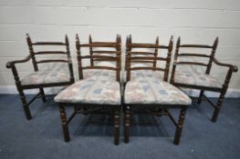 A SET OF SIX OAK LADDER BACK CHAIRS, including two carvers (6)