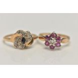 TWO GEM SET RINGS, the firs a 9ct gold ring centrally set with a single cut diamond in an illusion