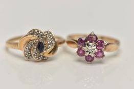 TWO GEM SET RINGS, the firs a 9ct gold ring centrally set with a single cut diamond in an illusion