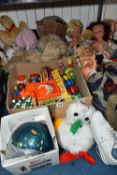 THREE BOXES OF SOFT TOYS, DOLLS AND TEN PIN BOWLING BALLS, to include a musical Fisher-Price toy