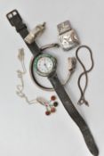 FIVE ITEMS OF JEWELLERY, to include an Edwardian silver enamel watch head, import mark for London