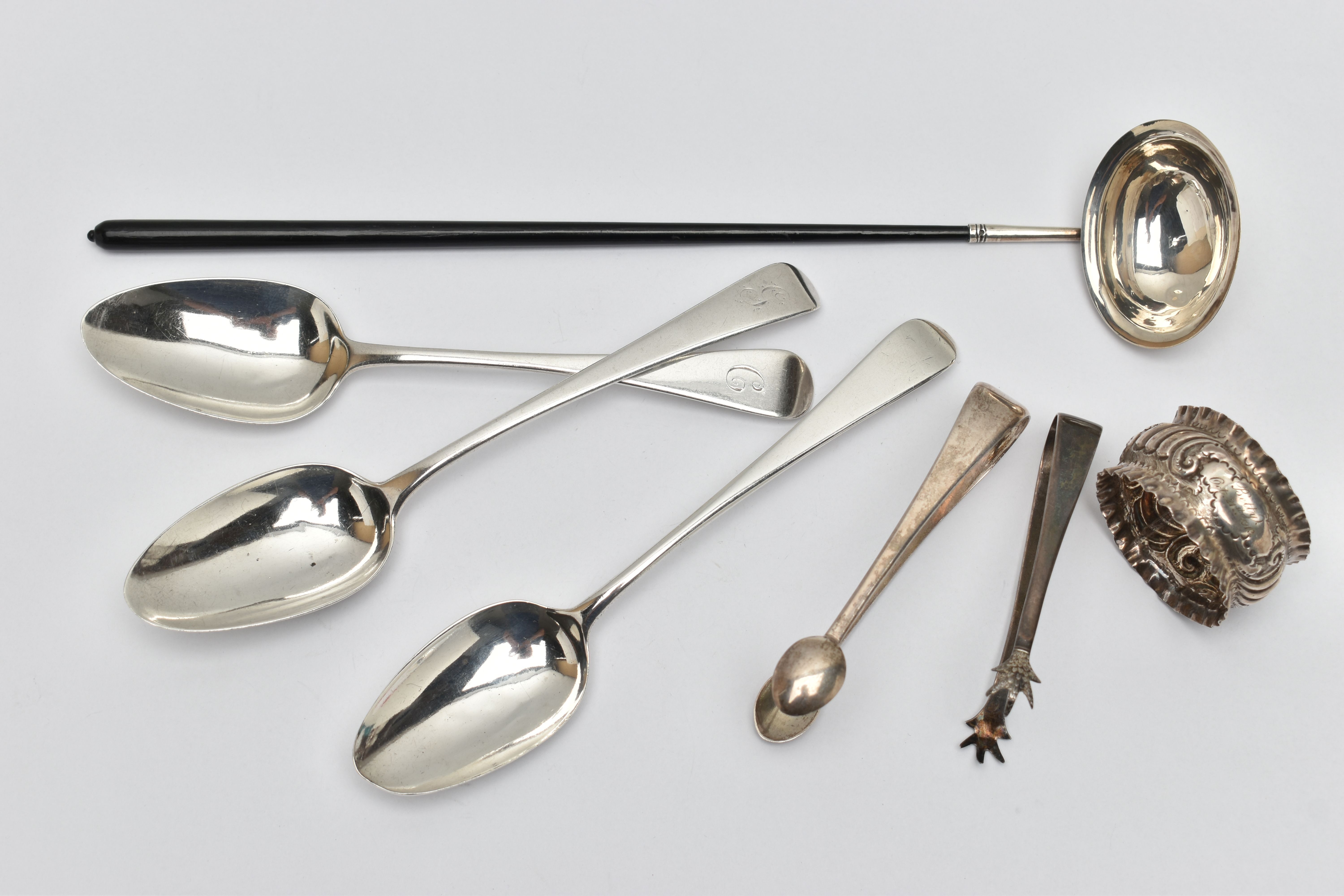 AN ASSORTMENT OF SILVER FLATWARE, to include a silver toddy ladle, hallmark rubbed London 1810, a
