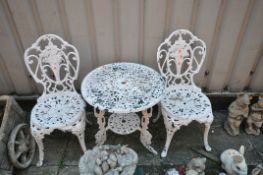 A WHITE PAINTED ALUMINIUM GARDEN TABLE, and two chairs (condition: -all items paint flaking) (3)
