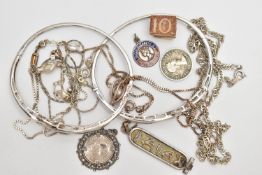 A SMALL BAG OF JEWELLERY, to include two white metal hinged bangles, each stamped 925, a white metal