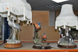 TWO FIGURAL TABLE LAMPS AND A BIRD SCULPTURE, comprising a Border Fine Arts 'A Moment to Reflect'