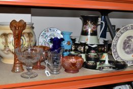 A GROUP OF VICTORIAN CERAMICS AND GLASSWARE, comprising a Copeland Spode plate pattern 9380, three