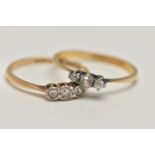 TWO DIAMOND SET RINGS, the first a three stone diamond ring set with old cut diamonds, each claw