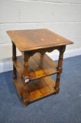 A REPRODUCTION SQUARE OAK LAMP TABLE, made up of three tiers, 44cm squared x height 60cm (condition: