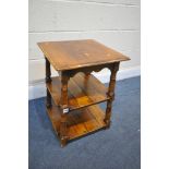 A REPRODUCTION SQUARE OAK LAMP TABLE, made up of three tiers, 44cm squared x height 60cm (condition:
