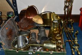 ONE BOX OF METAL WARE, to include a pair of carved mahogany bellows, three brass pans, a large