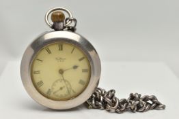 AN EARLY 20TH CENTURY SILVER OPEN FACE 'WALTHAM' POCKET WATCH AND ALBERT CHAIN, manual wind, round