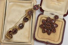 A BOHEMIAN GARNET BROOCH/PENDANT AND A BRACELET, the flower pendant set with circular cut and pear