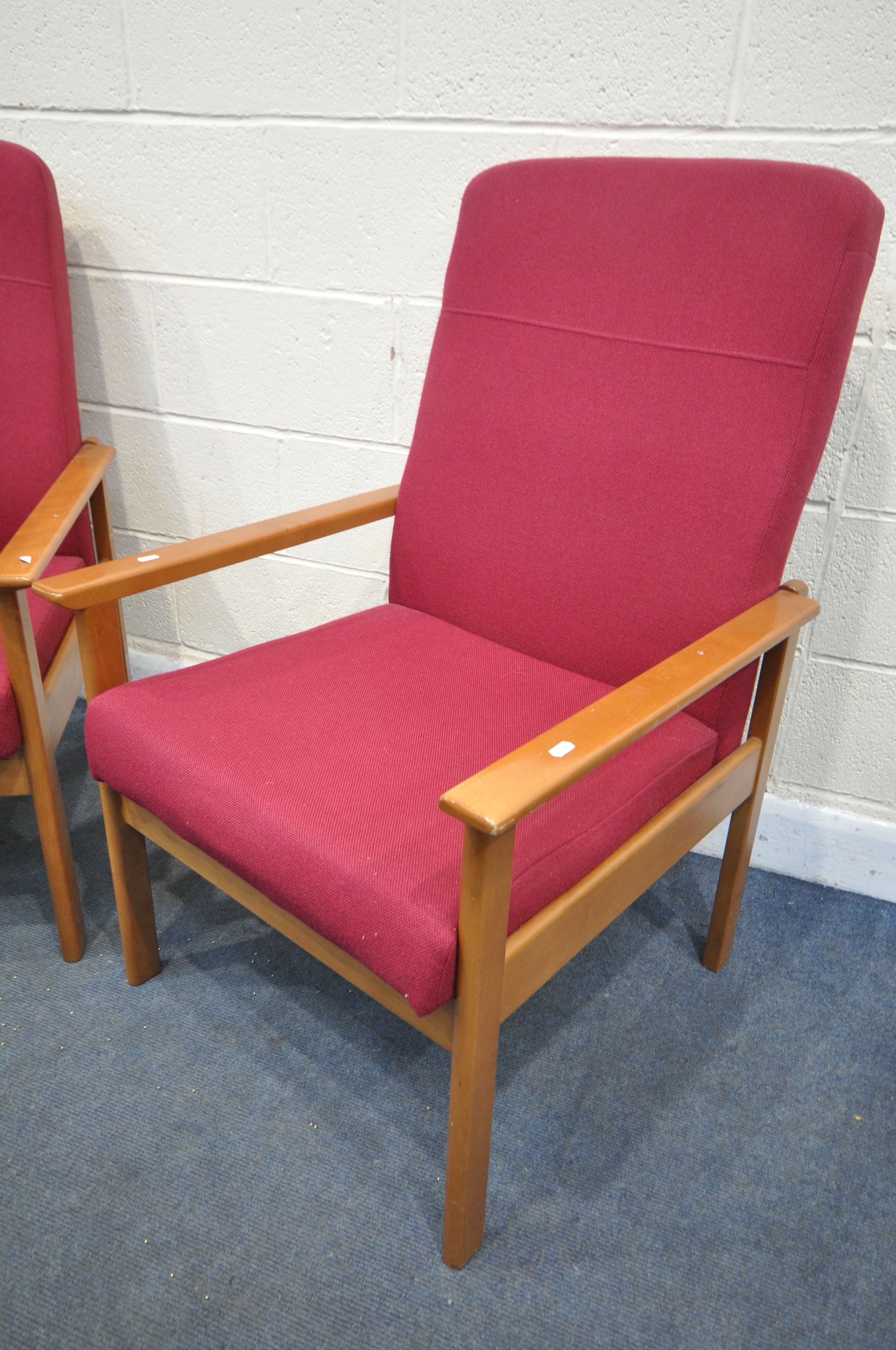 A PAIR OF MID CENTURY BEECH EASY CHAIRS, with red fabric (condition report: -worn armrests) (2) - Image 2 of 2