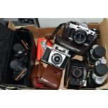 A BOX OF CAMERAS AND BINOCULARS ETC, comprising a Canon AE-1 Program with Canon 50mm f1.8 lens,