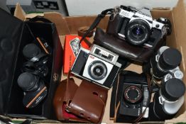 A BOX OF CAMERAS AND BINOCULARS ETC, comprising a Canon AE-1 Program with Canon 50mm f1.8 lens,