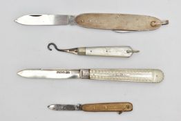 FOUR POCKET KNIVES, to include a silver blade fruit knife, hallmarked 'Thomas Marples' Sheffield