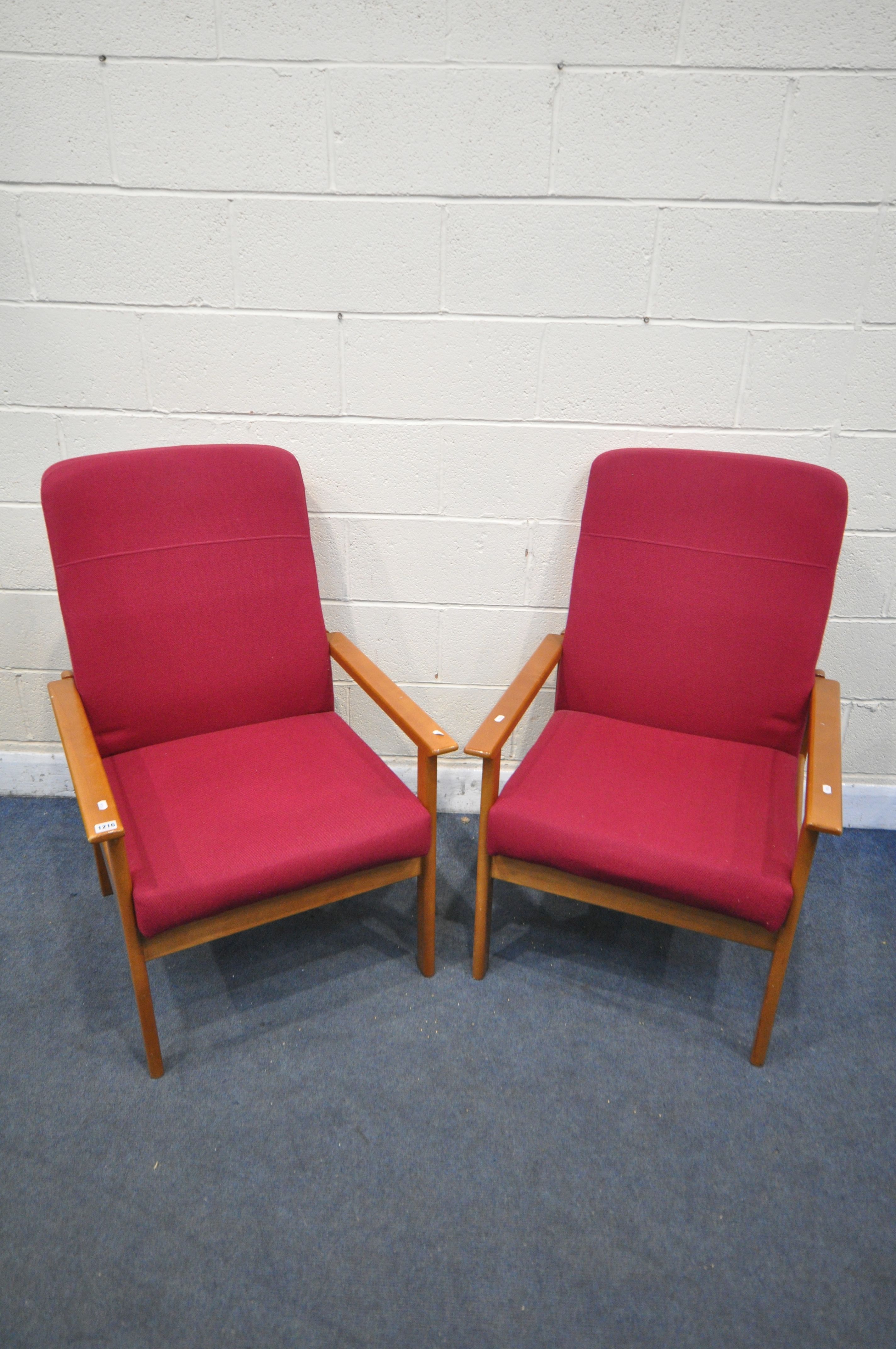 A PAIR OF MID CENTURY BEECH EASY CHAIRS, with red fabric (condition report: -worn armrests) (2)