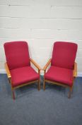 A PAIR OF MID CENTURY BEECH EASY CHAIRS, with red fabric (condition report: -worn armrests) (2)