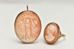 A CAMEO BROOCH AND RING, an Italian yellow metal brooch and pendant, set with a shell cameo