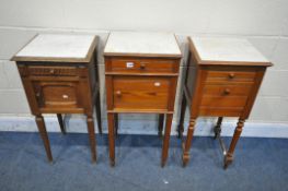 THREE VARIOUS PITCH PINE/OAK MARBLE TOP POT CUPBOARD, each with a single drawer, and cupboard, width