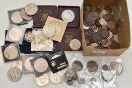 A SMALL CARDBOARD BOX OF MIXED COINS TO INCLUDE: Australia 1927 Florin, A Worn 1889 Crown,George