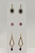 THREE PAIRS OF GEM SET EARRINGS, to include a pair of yellow metal cluster drop earrings, post