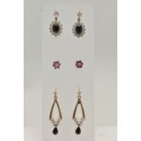 THREE PAIRS OF GEM SET EARRINGS, to include a pair of yellow metal cluster drop earrings, post