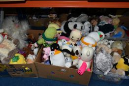 FIVE BOXES OF SOFT TOYS, mainly modern, including some hand knitted toys, Snoopy, Shaun the Sheep,