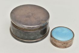 TWO SILVER POTS, the first a circular trinket box, polished design with a navy blue felt interior,