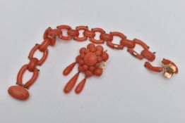 TWO CORAL JEWELLERY ITEMS, the first an AF brooch, comprised of a tiered cluster of circular coral