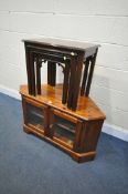A DUCAL PINE CORNER TV STAND, width 100cm x depth 56cm x height 57cm, and a mahogany nest of three