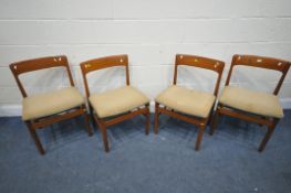 A SET OF FOUR MID-CENTURY TEAK DINING CHAIRS, possible designed by John Herbert, with a shaped bar