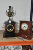 TWO FRENCH MARBLE CLOCKS, comprising a rouge marble clock, height 28cm (broken and cracked on top,