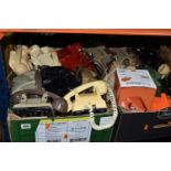 TWO BOXES OF TELEPHONES, fifteen mainly vintage rotary and push button telephones, with a boxed